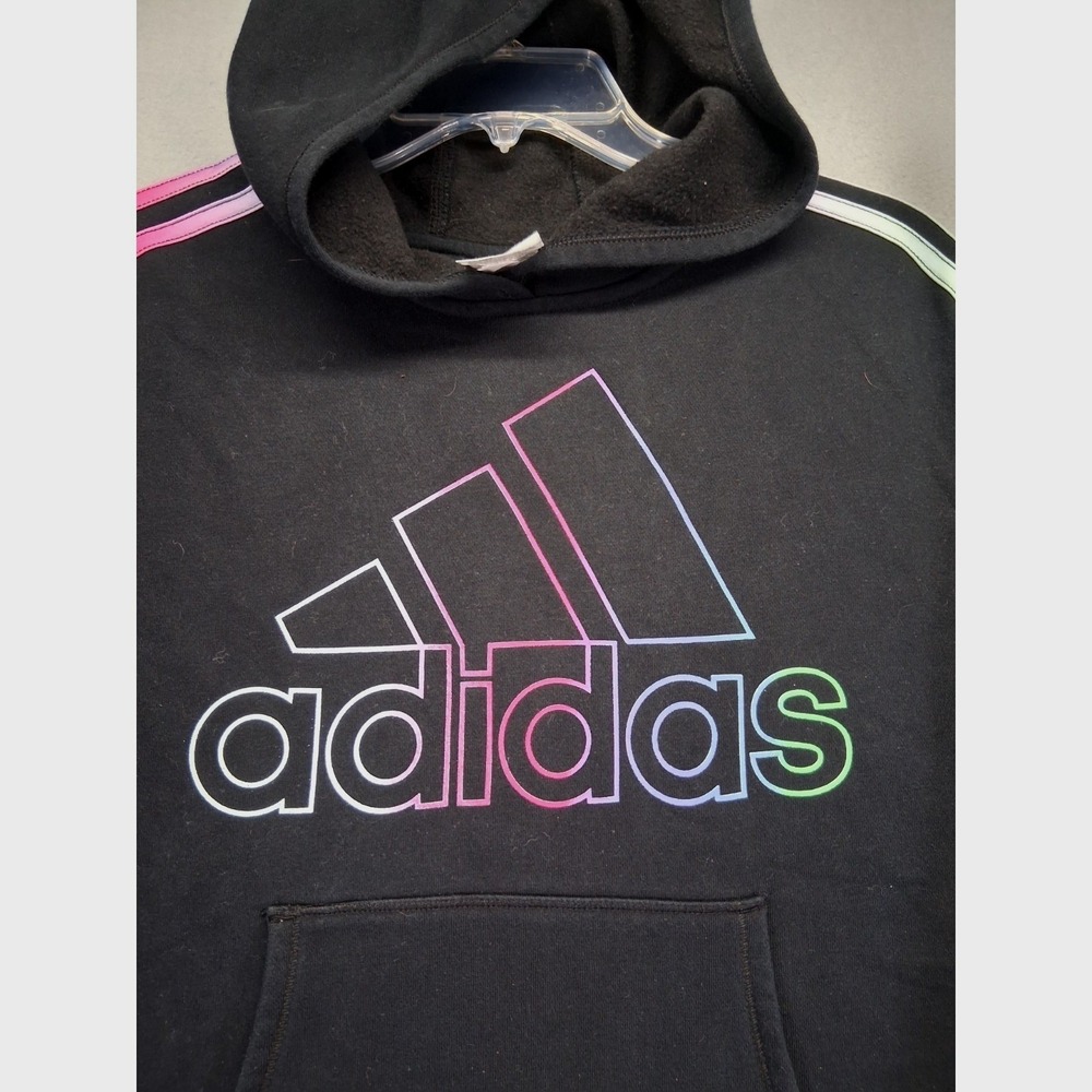 Adidas Girls Black Rainbow Gradient Logo Hoodie Sweatshirt Size Large 14